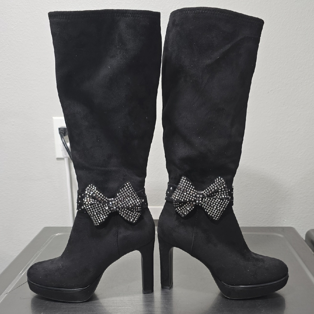 Impo Black Heeled Boots with Rhinestone Bow